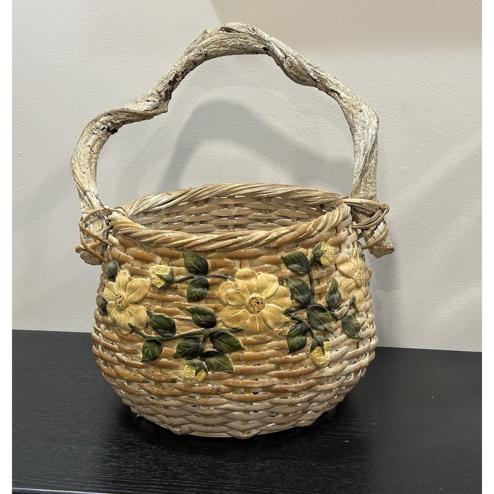 Vintage Wicker Basket Twig Handle 3D Yellow Flower Boho Cottagecore Gathering